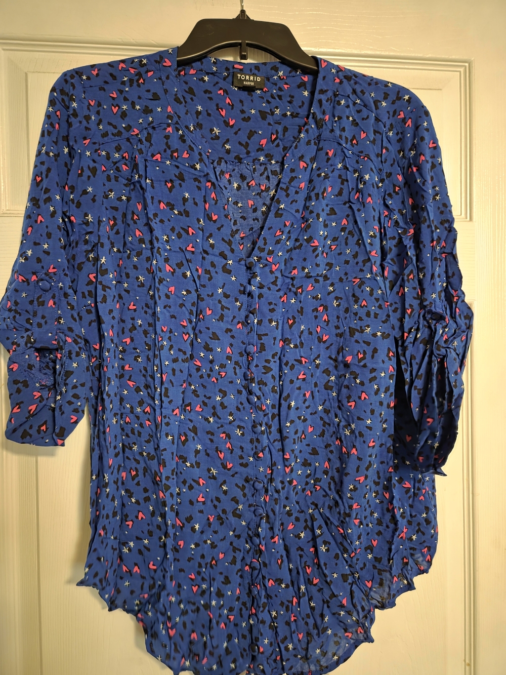 torrid Royal Blue Button-Up Blouse with Multi-Color Print